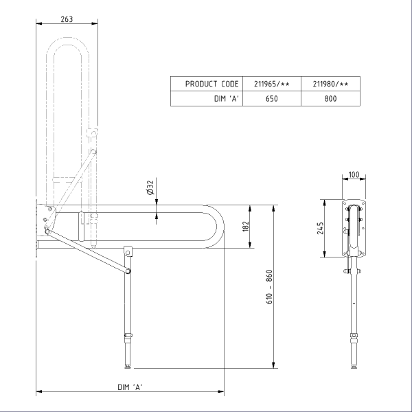 Stainless steel lift and lock hinged support rail with leg - NYMAS